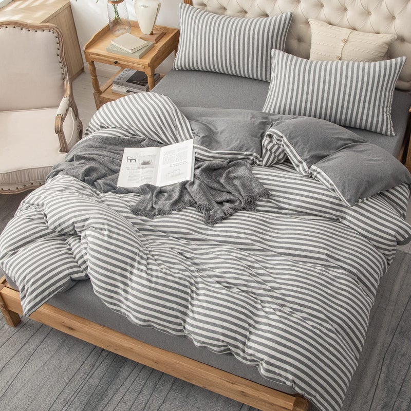 PURE ERA Jersey Knit Duvet Cover Set 100% T-Shirt Heather Cotton Super Soft Comfy Classic Striped Design, with Zipper Closure, Grey Stripe, Queen - Image 4
